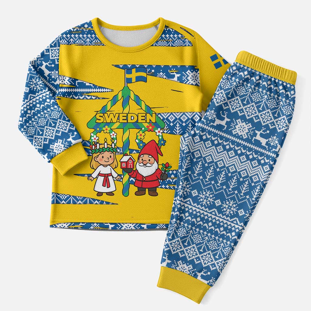Sweden Christmas Pajama Set with Santa Lucia Girl Midsummer Pole Swedish Flag and Nordic Pattern Design - Wonder Print Shop