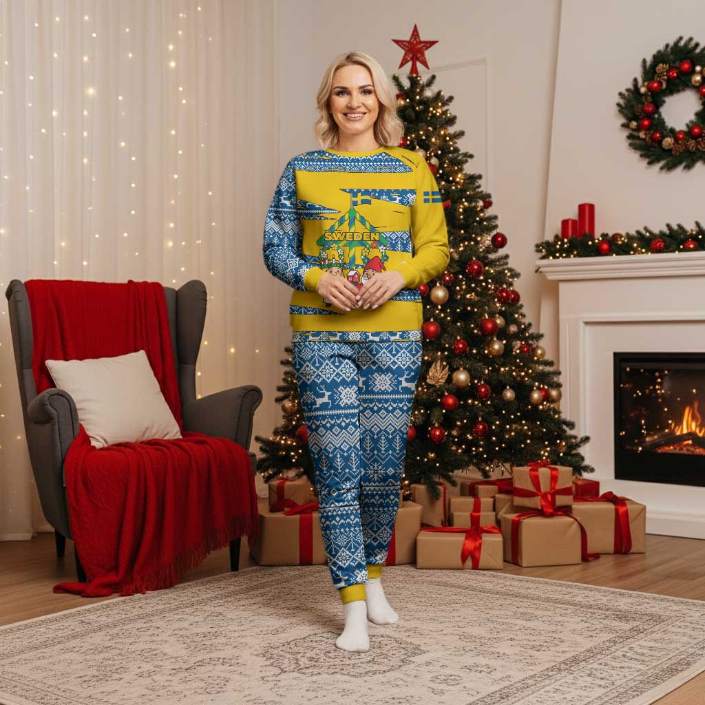 Sweden Christmas Pajama Set with Santa Lucia Girl Midsummer Pole Swedish Flag and Nordic Pattern Design - Wonder Print Shop