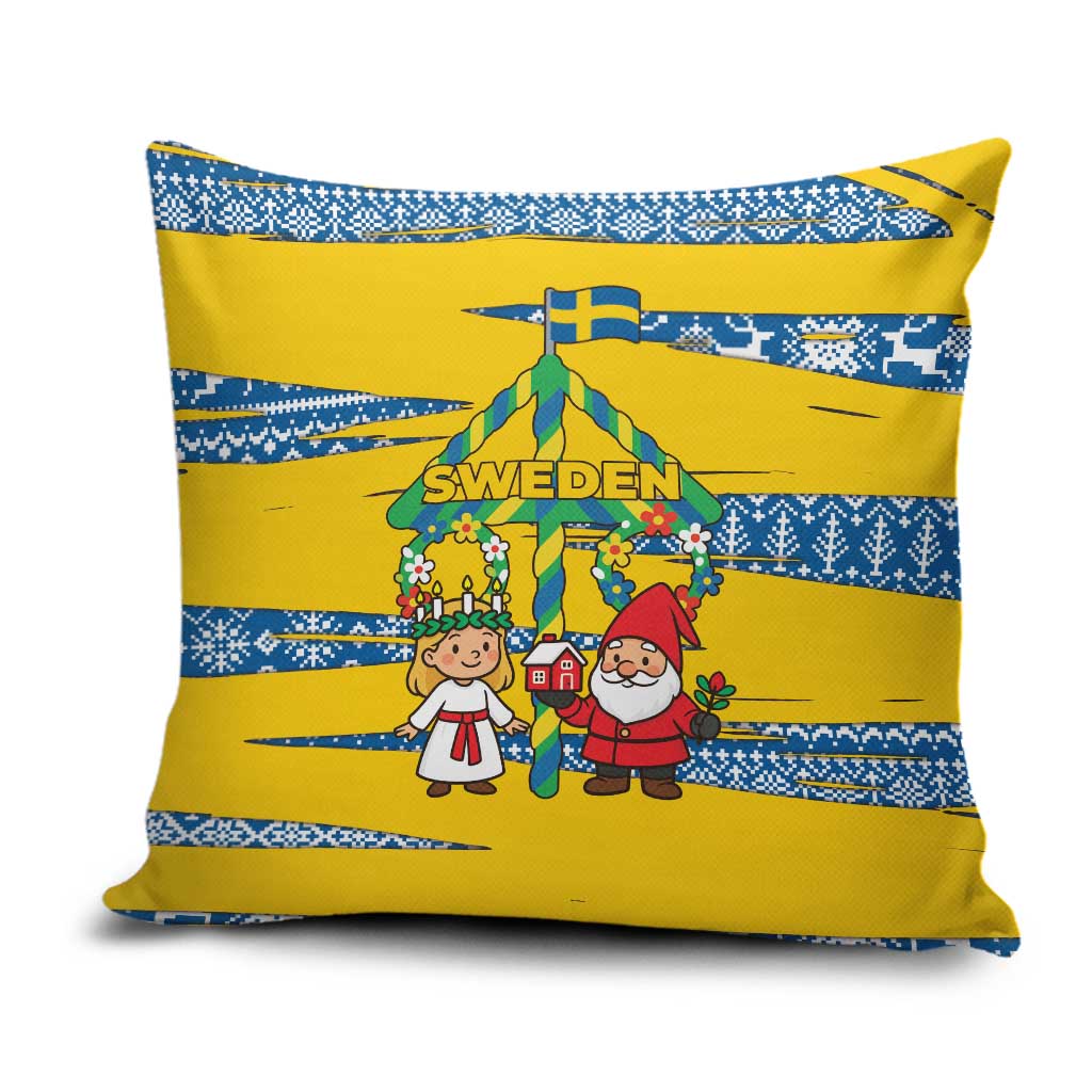 Sweden Christmas Pillow Cover with Santa Lucia Girl Midsummer Pole Swedish Flag and Nordic Pattern Design - Wonder Print Shop