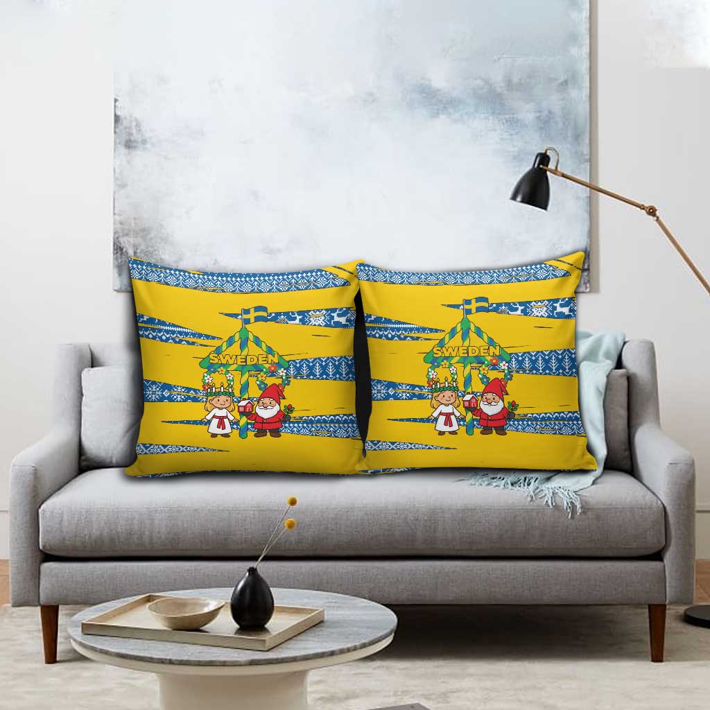 Sweden Christmas Pillow Cover with Santa Lucia Girl Midsummer Pole Swedish Flag and Nordic Pattern Design - Wonder Print Shop
