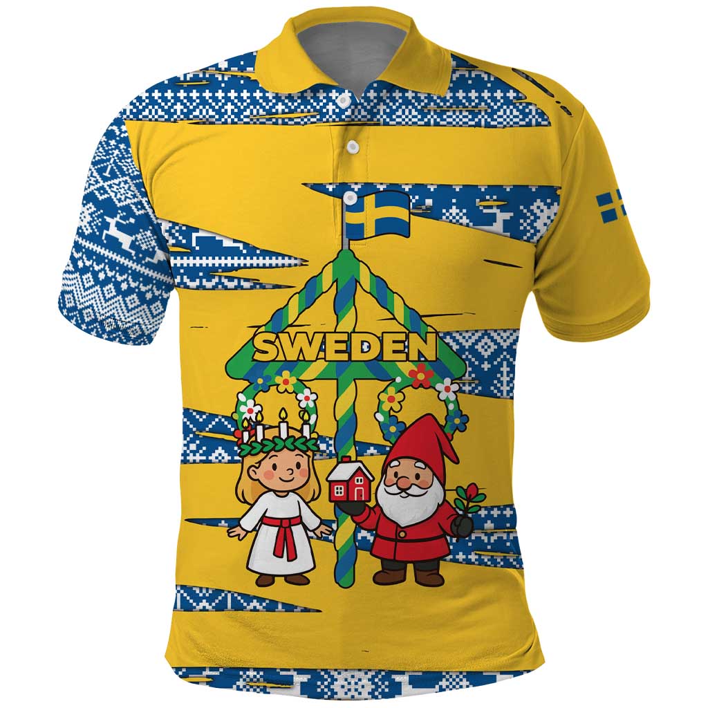 Sweden Christmas Polo Shirt with Santa Lucia Girl Midsummer Pole Swedish Flag and Nordic Pattern Design - Wonder Print Shop