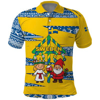Sweden Christmas Polo Shirt with Santa Lucia Girl Midsummer Pole Swedish Flag and Nordic Pattern Design - Wonder Print Shop
