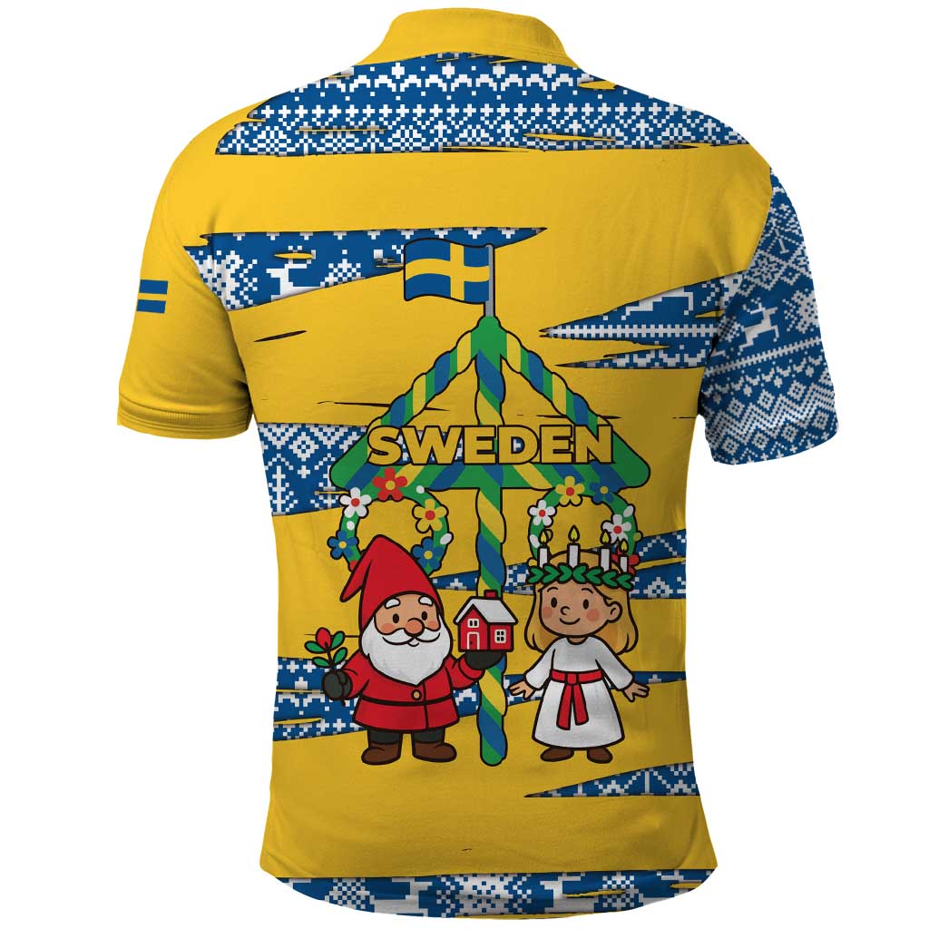Sweden Christmas Polo Shirt with Santa Lucia Girl Midsummer Pole Swedish Flag and Nordic Pattern Design - Wonder Print Shop