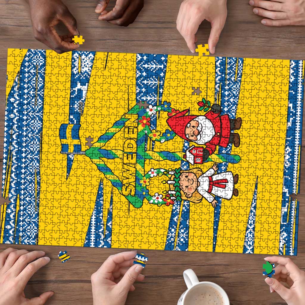 Sweden Christmas Puzzle with Santa Lucia Girl Midsummer Pole Swedish Flag and Nordic Pattern Design - Wonder Print Shop