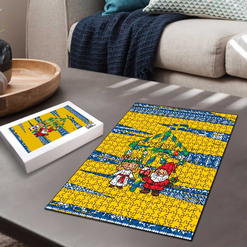 Sweden Christmas Puzzle with Santa Lucia Girl Midsummer Pole Swedish Flag and Nordic Pattern Design - Wonder Print Shop