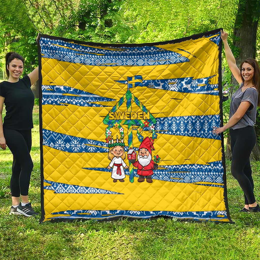 Sweden Christmas Quilt with Santa Lucia Girl Midsummer Pole Swedish Flag and Nordic Pattern Design - Wonder Print Shop