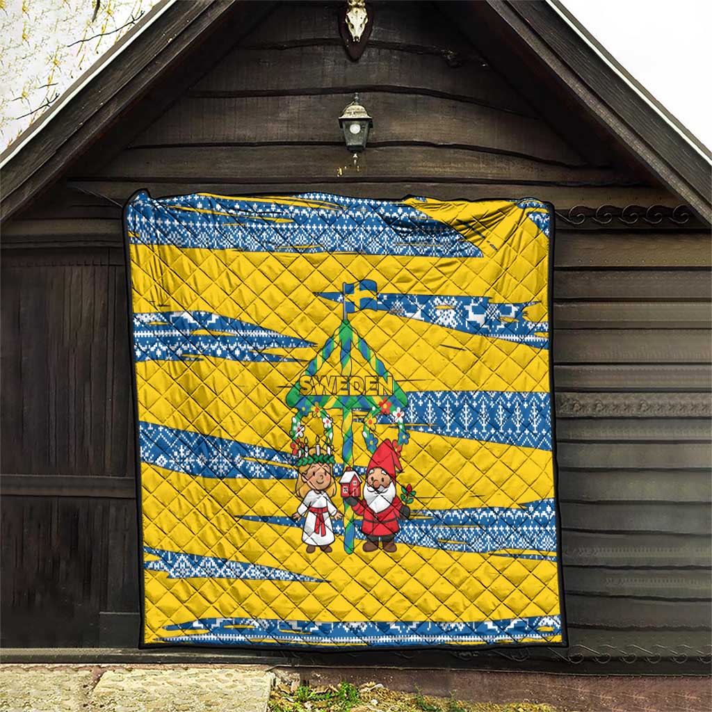 Sweden Christmas Quilt with Santa Lucia Girl Midsummer Pole Swedish Flag and Nordic Pattern Design - Wonder Print Shop