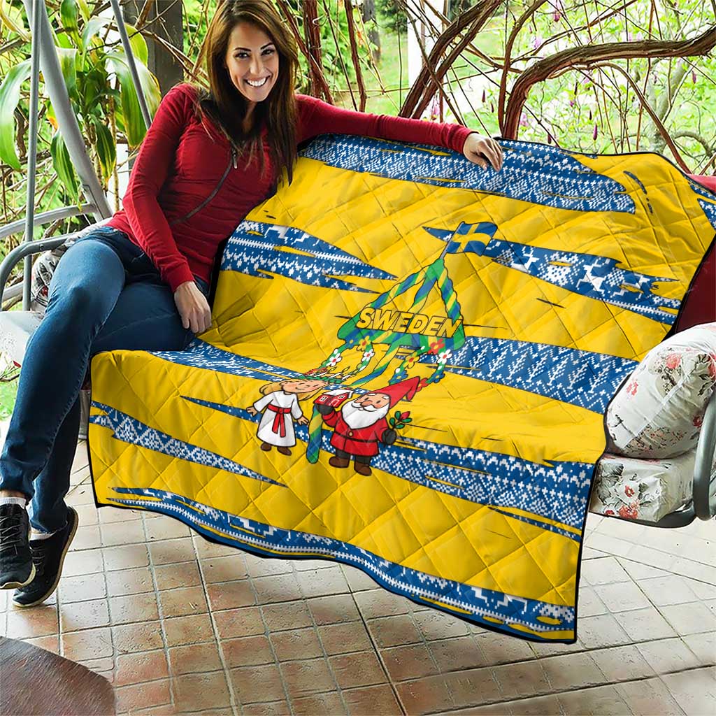 Sweden Christmas Quilt with Santa Lucia Girl Midsummer Pole Swedish Flag and Nordic Pattern Design - Wonder Print Shop