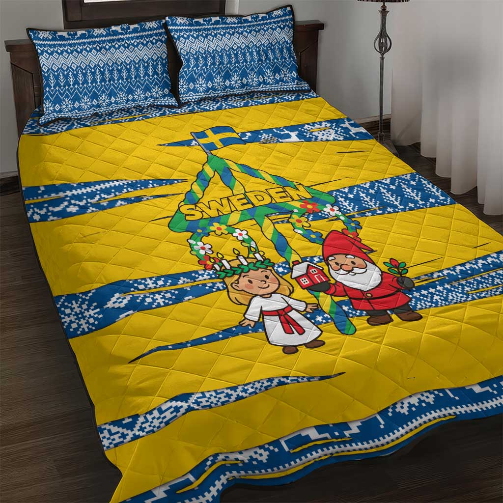 Sweden Christmas Quilt Bed Set with Santa Lucia Girl Midsummer Pole Swedish Flag and Nordic Pattern Design - Wonder Print Shop