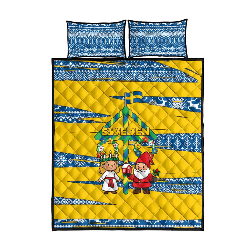 Sweden Christmas Quilt Bed Set with Santa Lucia Girl Midsummer Pole Swedish Flag and Nordic Pattern Design - Wonder Print Shop
