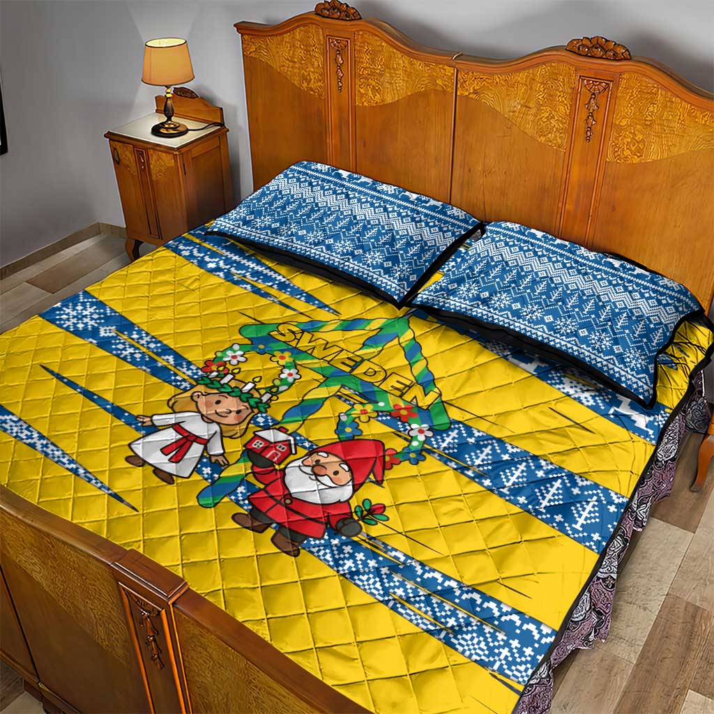 Sweden Christmas Quilt Bed Set with Santa Lucia Girl Midsummer Pole Swedish Flag and Nordic Pattern Design - Wonder Print Shop