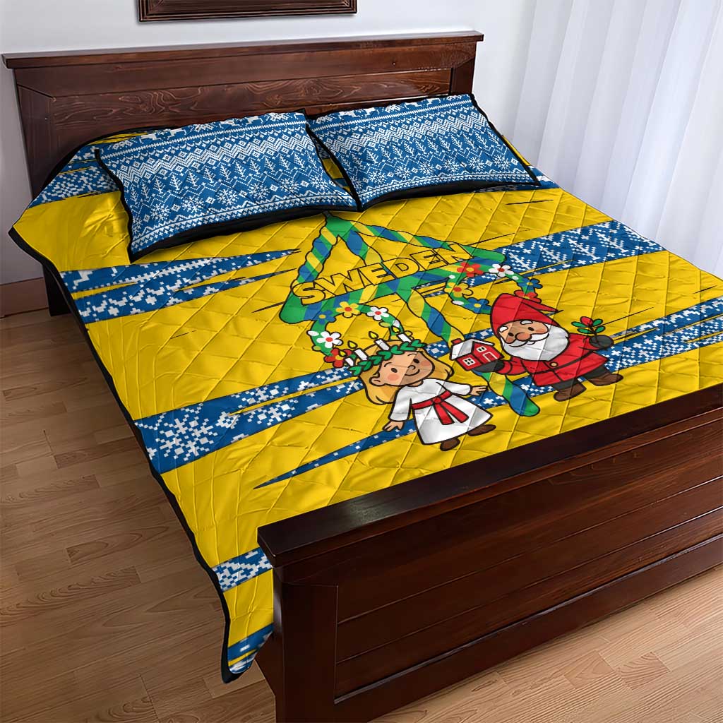 Sweden Christmas Quilt Bed Set with Santa Lucia Girl Midsummer Pole Swedish Flag and Nordic Pattern Design - Wonder Print Shop