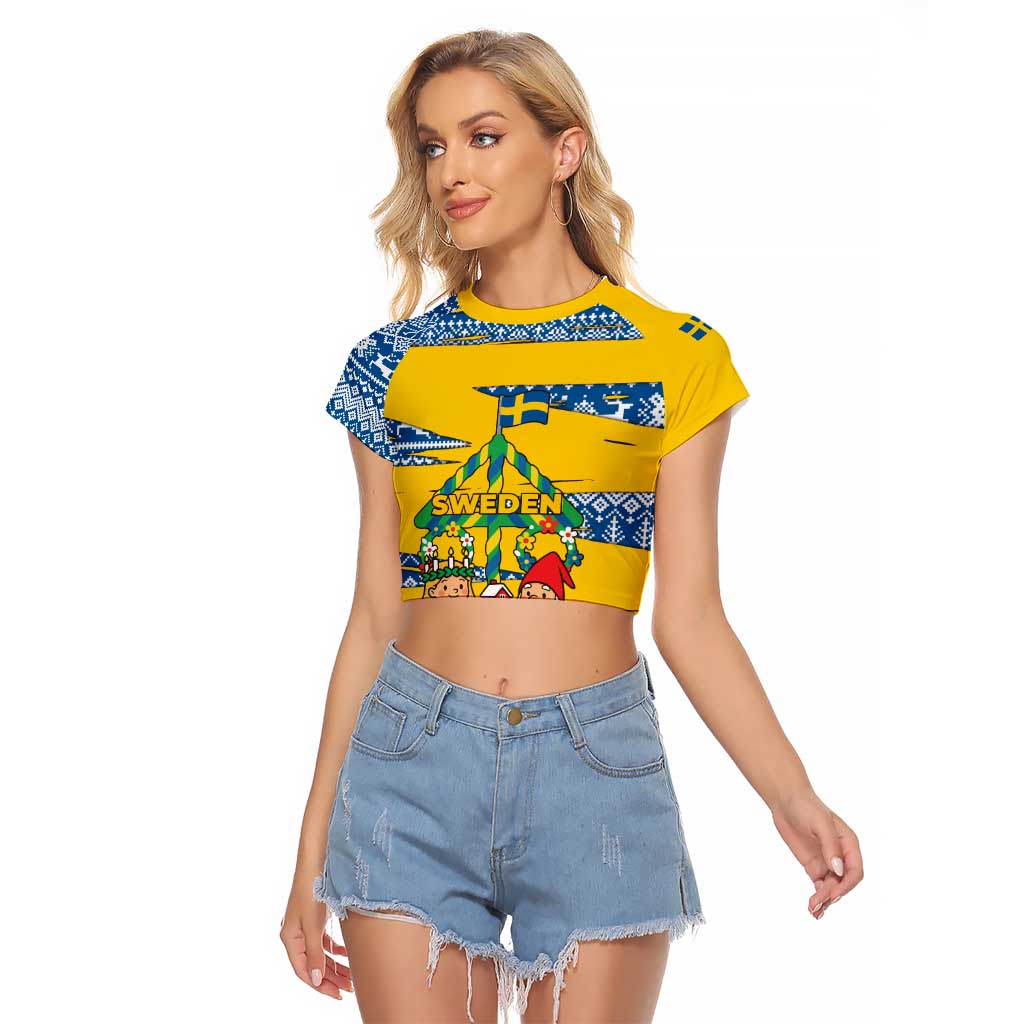 Sweden Christmas Raglan Cropped T Shirt with Santa Lucia Girl Midsummer Pole Swedish Flag and Nordic Pattern Design - Wonder Print Shop