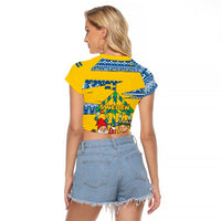 Sweden Christmas Raglan Cropped T Shirt with Santa Lucia Girl Midsummer Pole Swedish Flag and Nordic Pattern Design - Wonder Print Shop
