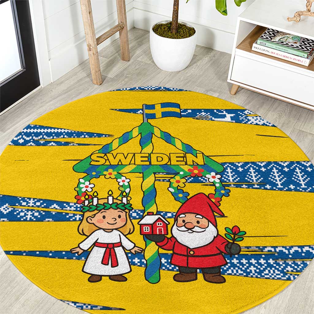 Sweden Christmas Round Carpet with Santa Lucia Girl Midsummer Pole Swedish Flag and Nordic Pattern Design - Wonder Print Shop