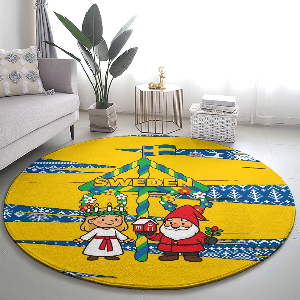 Sweden Christmas Round Carpet with Santa Lucia Girl Midsummer Pole Swedish Flag and Nordic Pattern Design - Wonder Print Shop