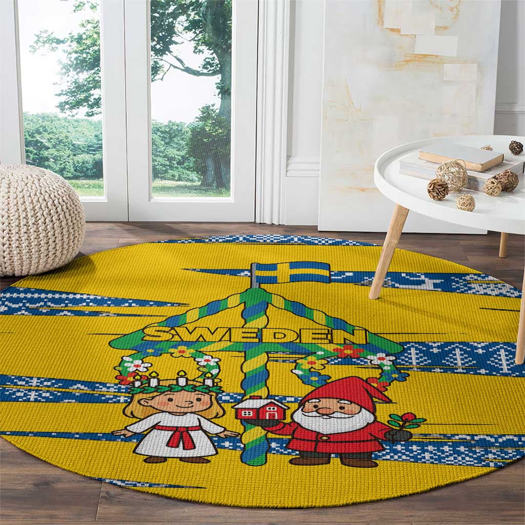 Sweden Christmas Round Carpet with Santa Lucia Girl Midsummer Pole Swedish Flag and Nordic Pattern Design - Wonder Print Shop