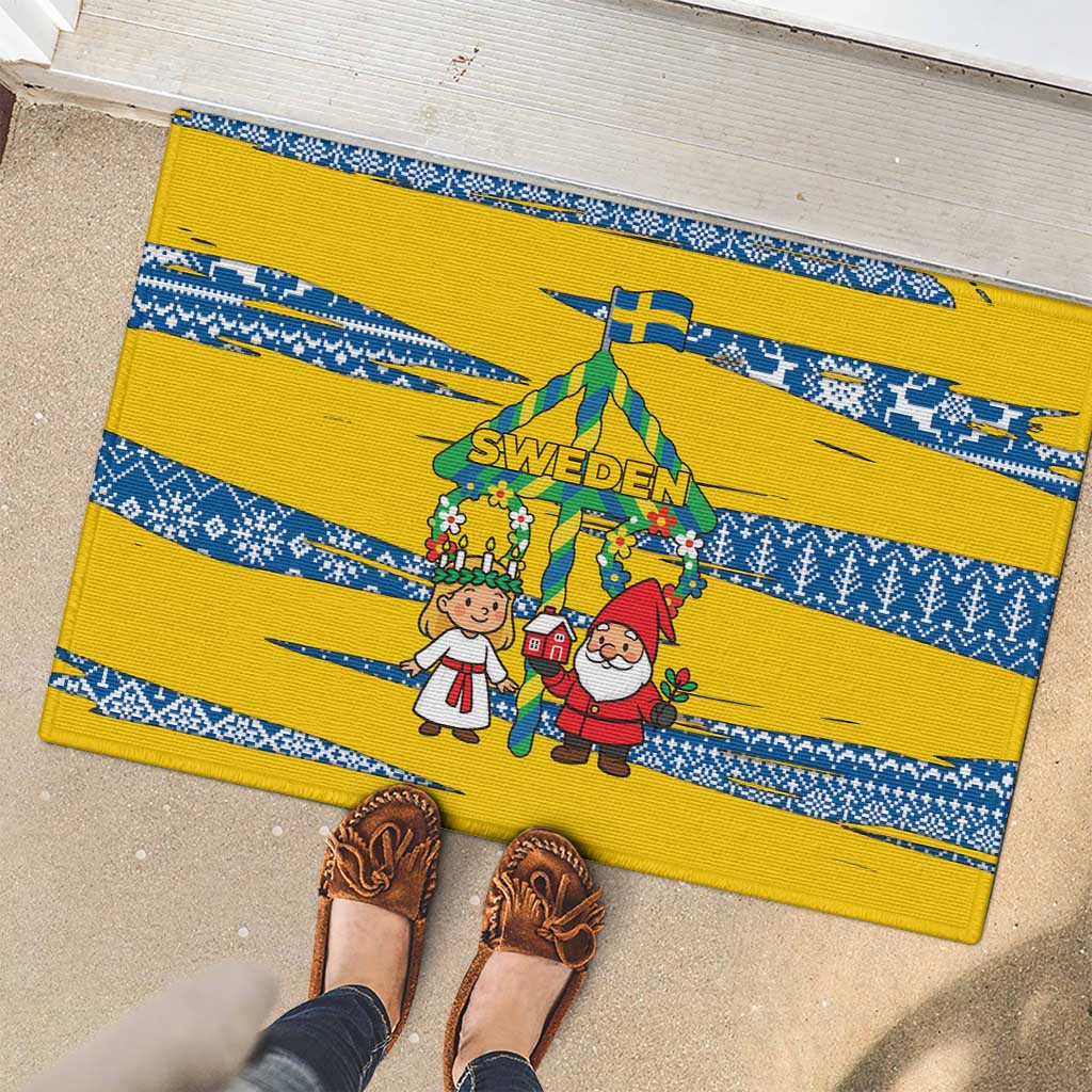 Sweden Christmas Rubber Doormat with Santa Lucia Girl Midsummer Pole Swedish Flag and Nordic Pattern Design - Wonder Print Shop