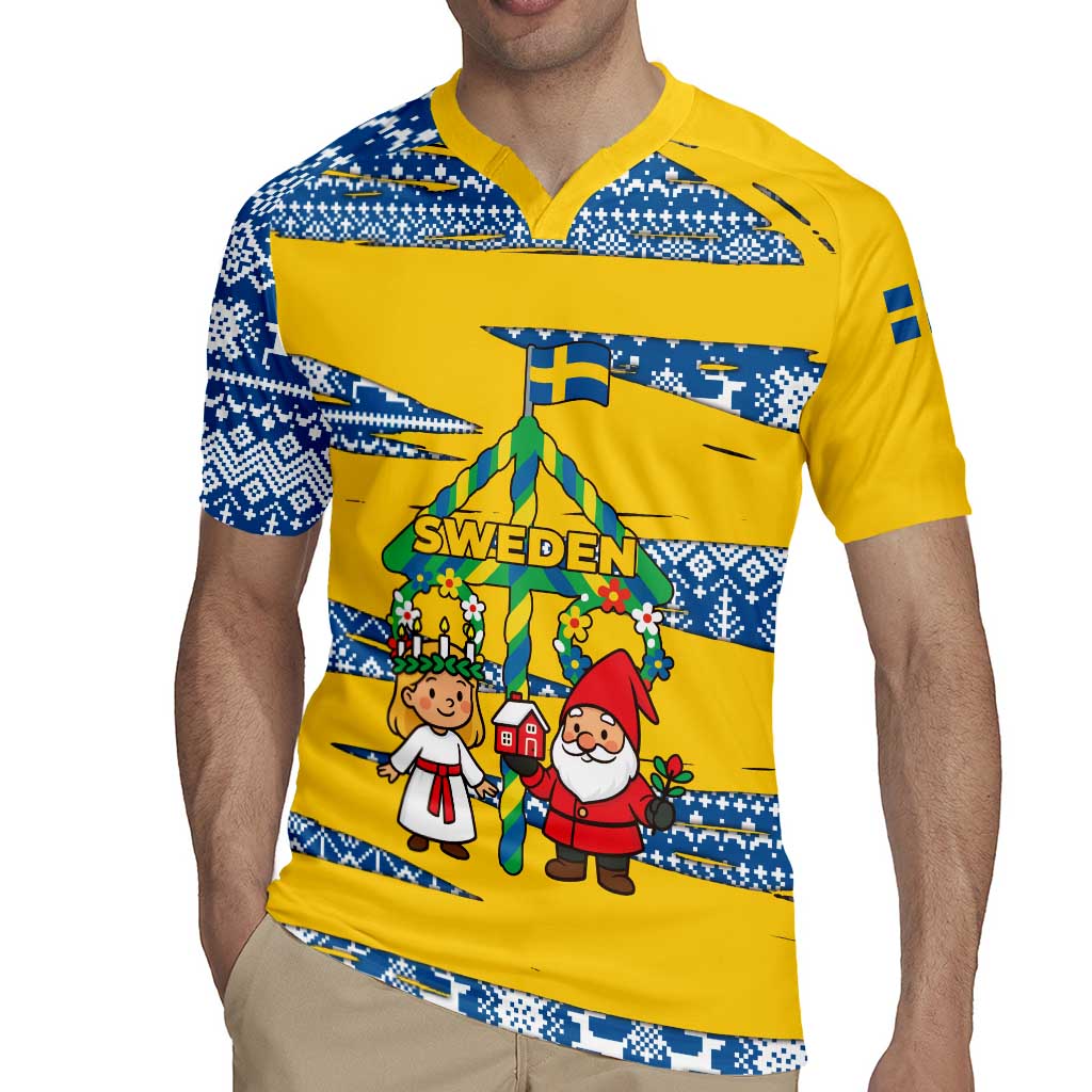 Sweden Christmas Rugby Jersey with Santa Lucia Girl Midsummer Pole Swedish Flag and Nordic Pattern Design - Wonder Print Shop