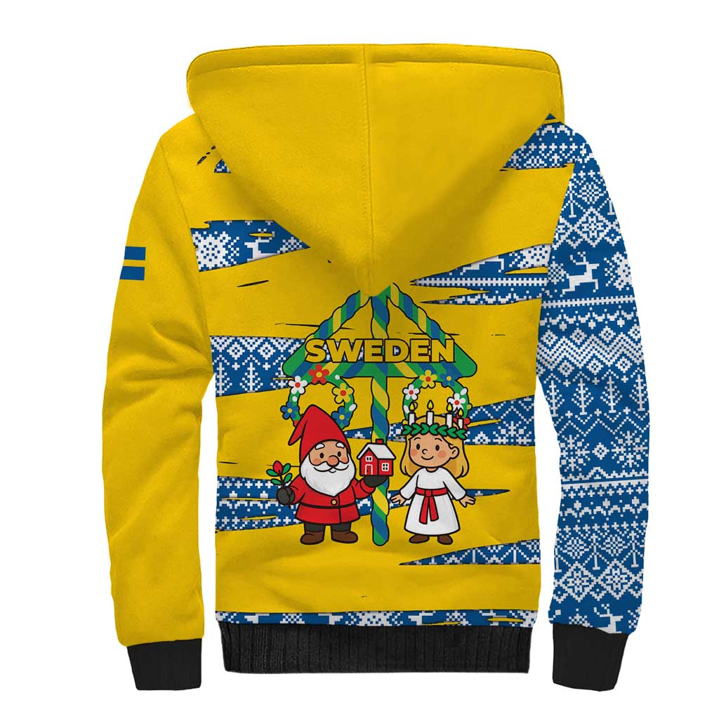 Sweden Christmas Sherpa Hoodie with Santa Lucia Girl Midsummer Pole Swedish Flag and Nordic Pattern Design - Wonder Print Shop