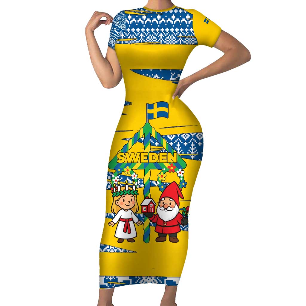 Sweden Christmas Short Sleeve Bodycon Dress with Santa Lucia Girl Midsummer Pole Swedish Flag and Nordic Pattern Design - Wonder Print Shop