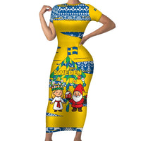 Sweden Christmas Short Sleeve Bodycon Dress with Santa Lucia Girl Midsummer Pole Swedish Flag and Nordic Pattern Design - Wonder Print Shop