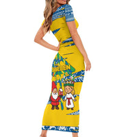 Sweden Christmas Short Sleeve Bodycon Dress with Santa Lucia Girl Midsummer Pole Swedish Flag and Nordic Pattern Design - Wonder Print Shop