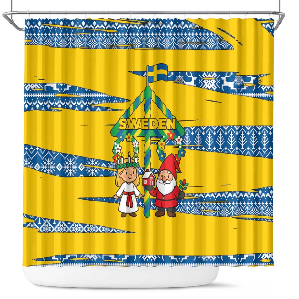 Sweden Christmas Shower Curtain with Santa Lucia Girl Midsummer Pole Swedish Flag and Nordic Pattern Design - Wonder Print Shop