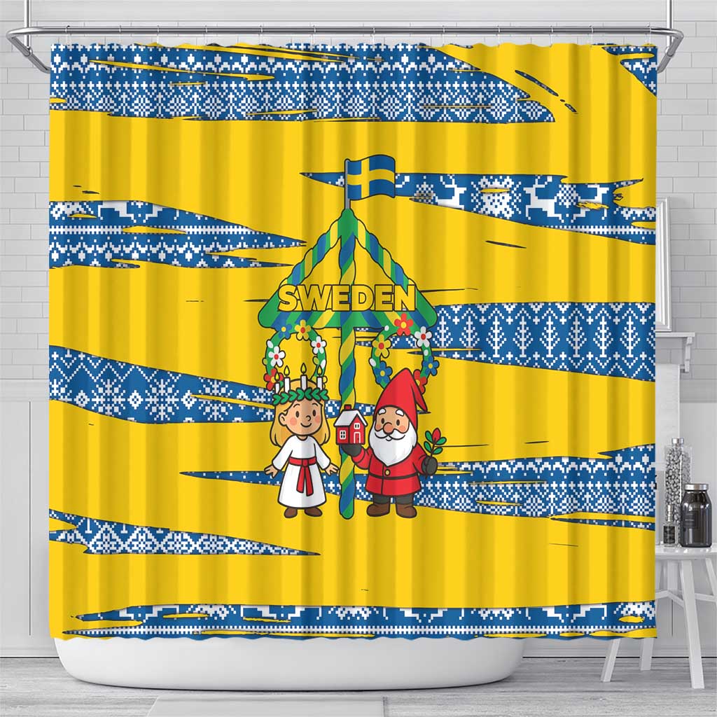Sweden Christmas Shower Curtain with Santa Lucia Girl Midsummer Pole Swedish Flag and Nordic Pattern Design - Wonder Print Shop