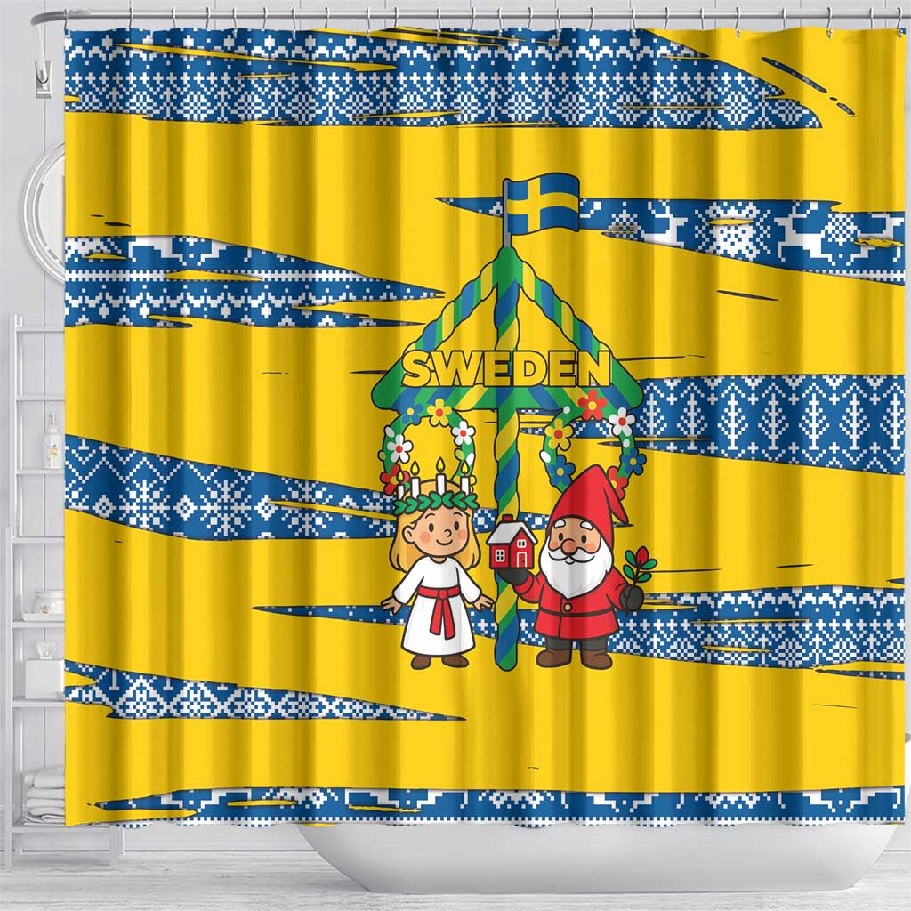 Sweden Christmas Shower Curtain with Santa Lucia Girl Midsummer Pole Swedish Flag and Nordic Pattern Design - Wonder Print Shop
