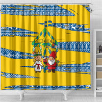Sweden Christmas Shower Curtain with Santa Lucia Girl Midsummer Pole Swedish Flag and Nordic Pattern Design - Wonder Print Shop