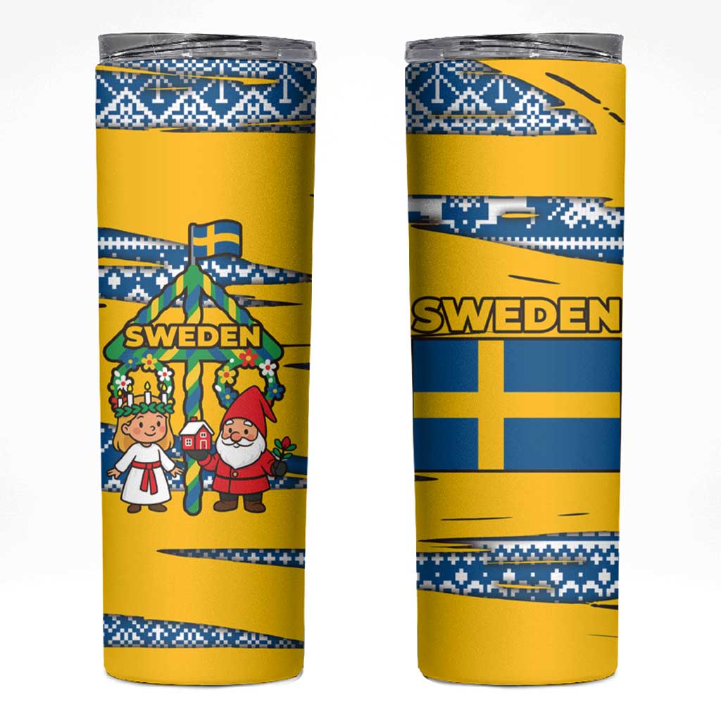 Sweden Christmas Skinny Tumbler with Santa Lucia Girl Midsummer Pole Swedish Flag and Nordic Pattern Design - Wonder Print Shop