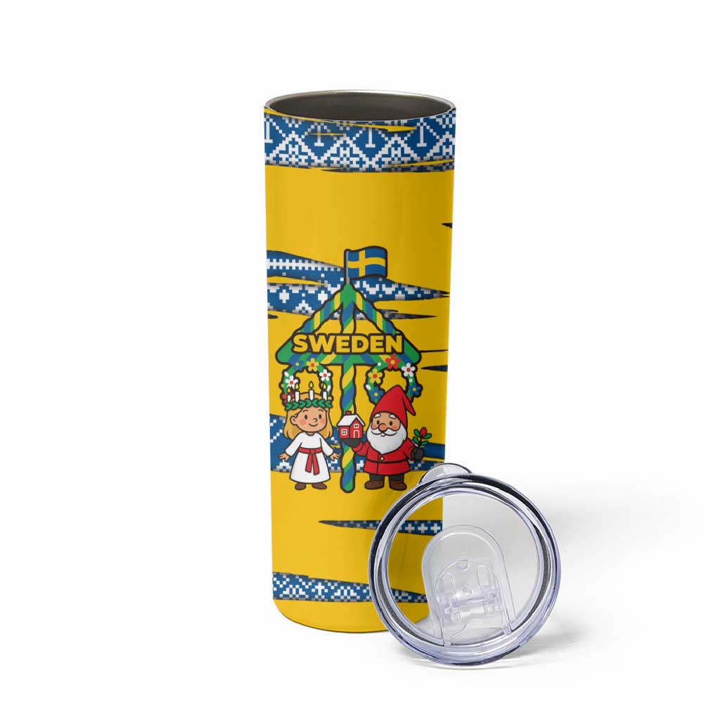 Sweden Christmas Skinny Tumbler with Santa Lucia Girl Midsummer Pole Swedish Flag and Nordic Pattern Design - Wonder Print Shop
