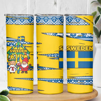 Sweden Christmas Skinny Tumbler with Santa Lucia Girl Midsummer Pole Swedish Flag and Nordic Pattern Design - Wonder Print Shop