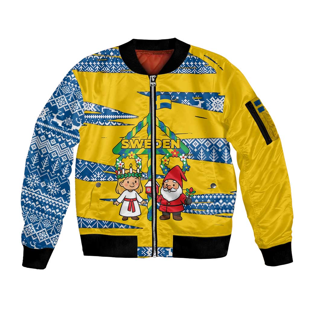 Sweden Christmas Sleeve Zip Bomber Jacket with Santa Lucia Girl Midsummer Pole Swedish Flag and Nordic Pattern Design - Wonder Print Shop