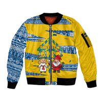 Sweden Christmas Sleeve Zip Bomber Jacket with Santa Lucia Girl Midsummer Pole Swedish Flag and Nordic Pattern Design - Wonder Print Shop