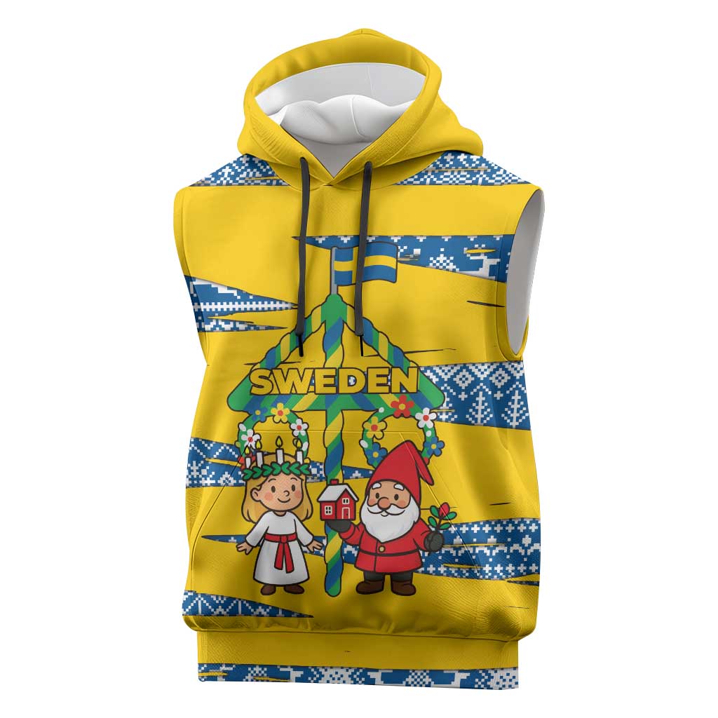 Sweden Christmas Sleeveless Hoodie with Santa Lucia Girl Midsummer Pole Swedish Flag and Nordic Pattern Design - Wonder Print Shop