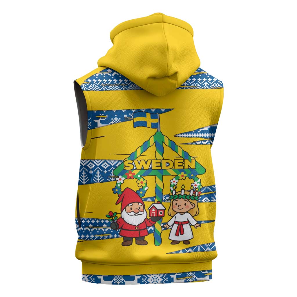 Sweden Christmas Sleeveless Hoodie with Santa Lucia Girl Midsummer Pole Swedish Flag and Nordic Pattern Design - Wonder Print Shop