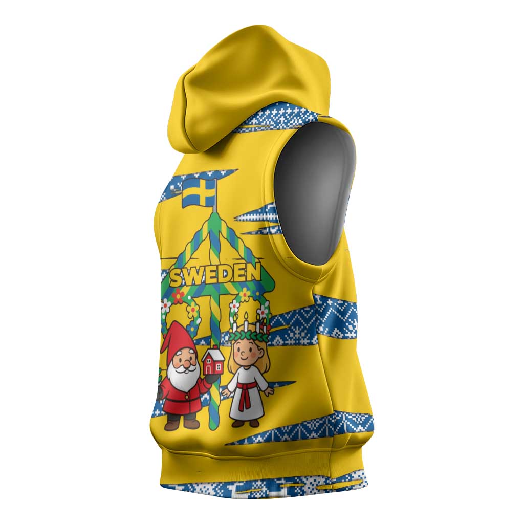 Sweden Christmas Sleeveless Hoodie with Santa Lucia Girl Midsummer Pole Swedish Flag and Nordic Pattern Design - Wonder Print Shop