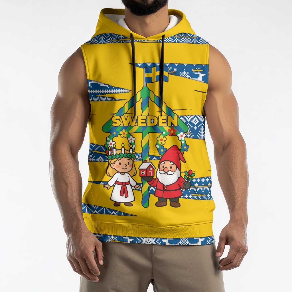 Sweden Christmas Sleeveless Hoodie with Santa Lucia Girl Midsummer Pole Swedish Flag and Nordic Pattern Design - Wonder Print Shop