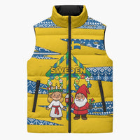 Sweden Christmas Sleeveless Puffer Jacket with Santa Lucia Girl Midsummer Pole Swedish Flag and Nordic Pattern Design - Wonder Print Shop