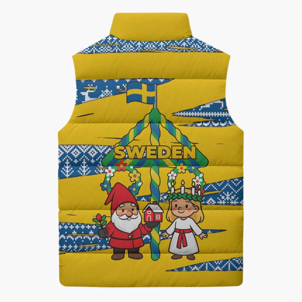Sweden Christmas Sleeveless Puffer Jacket with Santa Lucia Girl Midsummer Pole Swedish Flag and Nordic Pattern Design - Wonder Print Shop