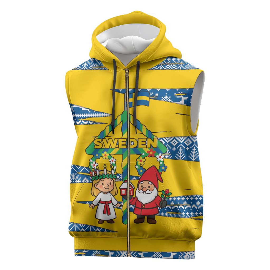 Sweden Christmas Sleeveless Zip Hoodie with Santa Lucia Girl Midsummer Pole Swedish Flag and Nordic Pattern Design - Wonder Print Shop