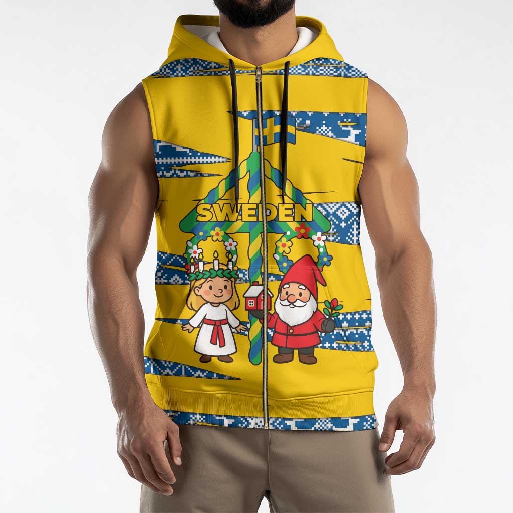 Sweden Christmas Sleeveless Zip Hoodie with Santa Lucia Girl Midsummer Pole Swedish Flag and Nordic Pattern Design - Wonder Print Shop