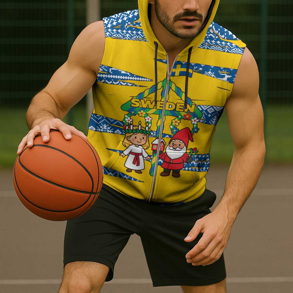 Sweden Christmas Sleeveless Zip Hoodie with Santa Lucia Girl Midsummer Pole Swedish Flag and Nordic Pattern Design - Wonder Print Shop