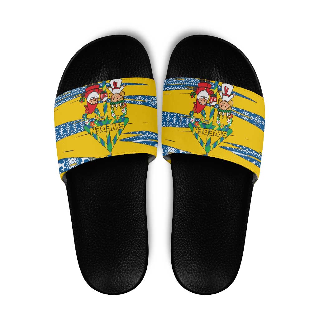 Sweden Christmas Slide Sandals with Santa Lucia Girl Midsummer Pole Swedish Flag and Nordic Pattern Design - Wonder Print Shop