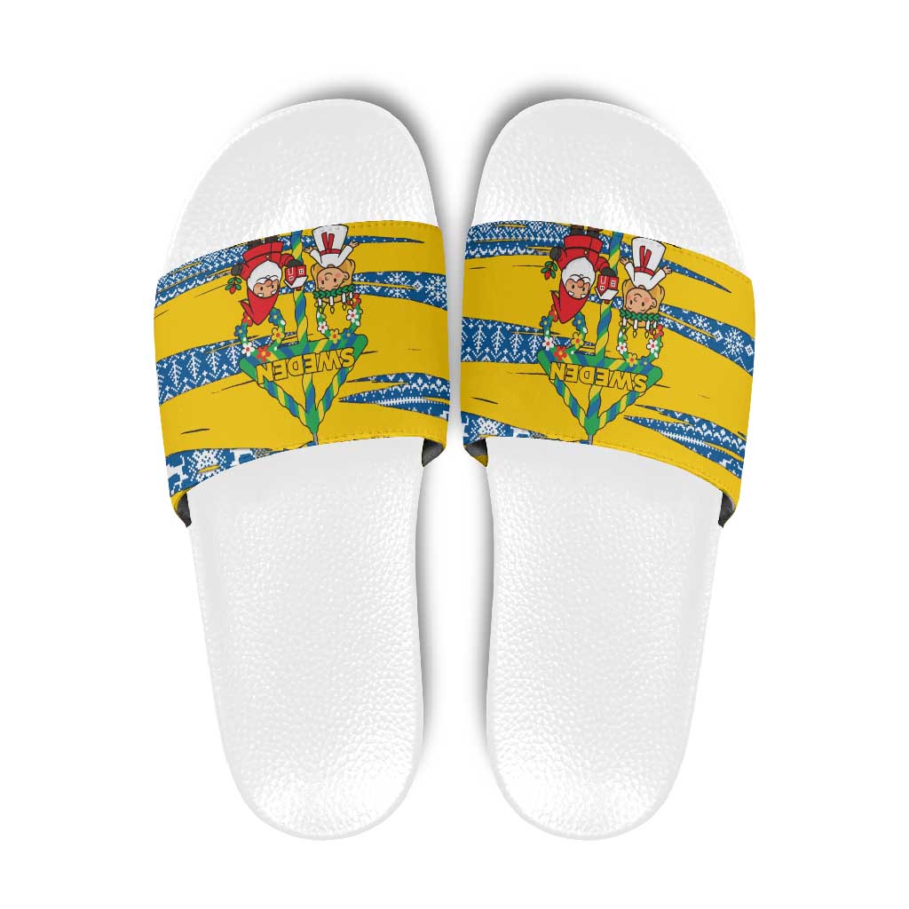 Sweden Christmas Slide Sandals with Santa Lucia Girl Midsummer Pole Swedish Flag and Nordic Pattern Design - Wonder Print Shop