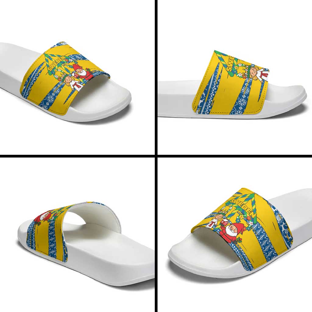 Sweden Christmas Slide Sandals with Santa Lucia Girl Midsummer Pole Swedish Flag and Nordic Pattern Design - Wonder Print Shop