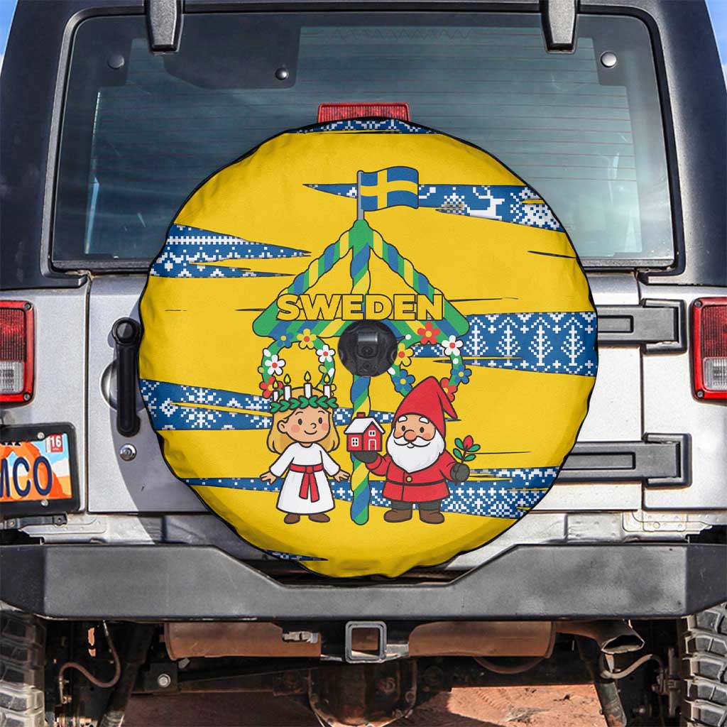Sweden Christmas Spare Tire Cover with Santa Lucia Girl Midsummer Pole Swedish Flag and Nordic Pattern Design - Wonder Print Shop