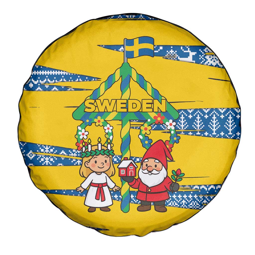 Sweden Christmas Spare Tire Cover with Santa Lucia Girl Midsummer Pole Swedish Flag and Nordic Pattern Design - Wonder Print Shop